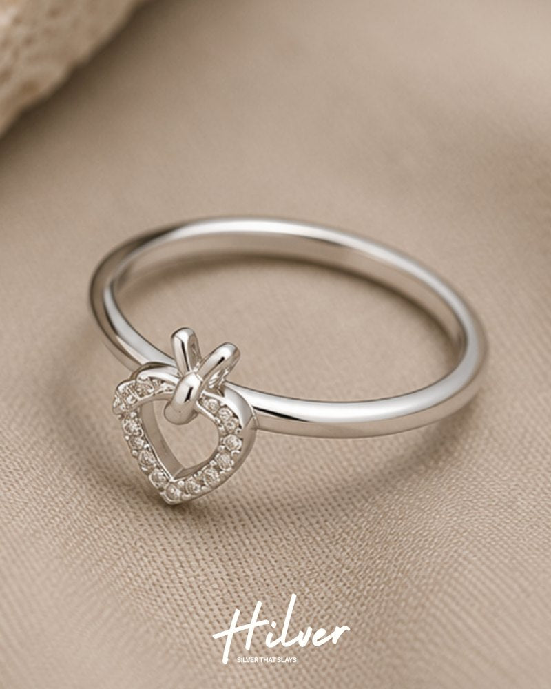 Silver CZ Pave Open Heart Pendant Style Ring, view 3