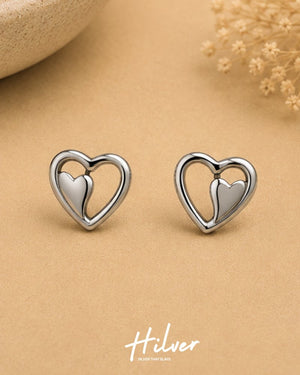 Silver Asymmetrical Open Heart Stud Earrings, view 1