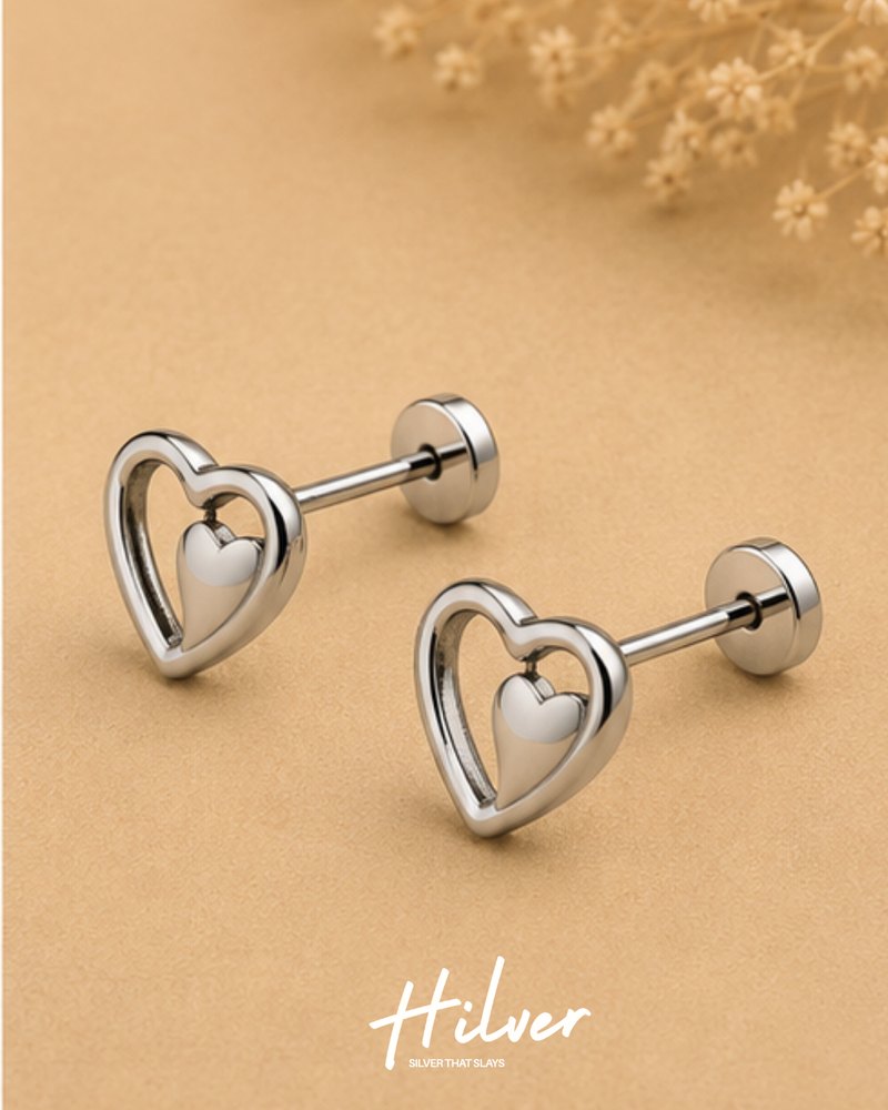 Silver Asymmetrical Open Heart Stud Earrings, view 2