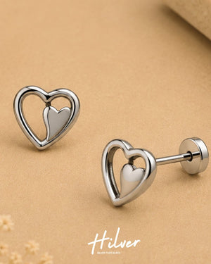Silver Asymmetrical Open Heart Stud Earrings, view 3