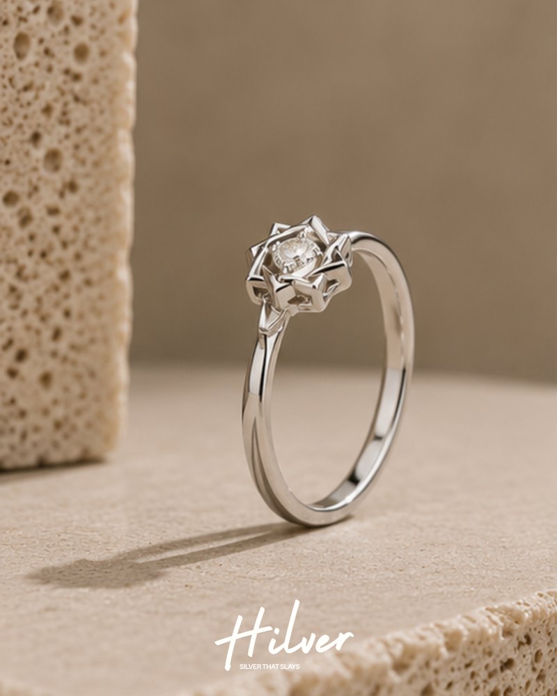 Silver Starburst Geometric Square CZ Ring, view 1