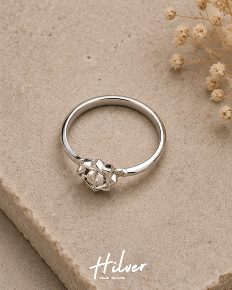 Silver Starburst Geometric Square CZ Ring, view 2
