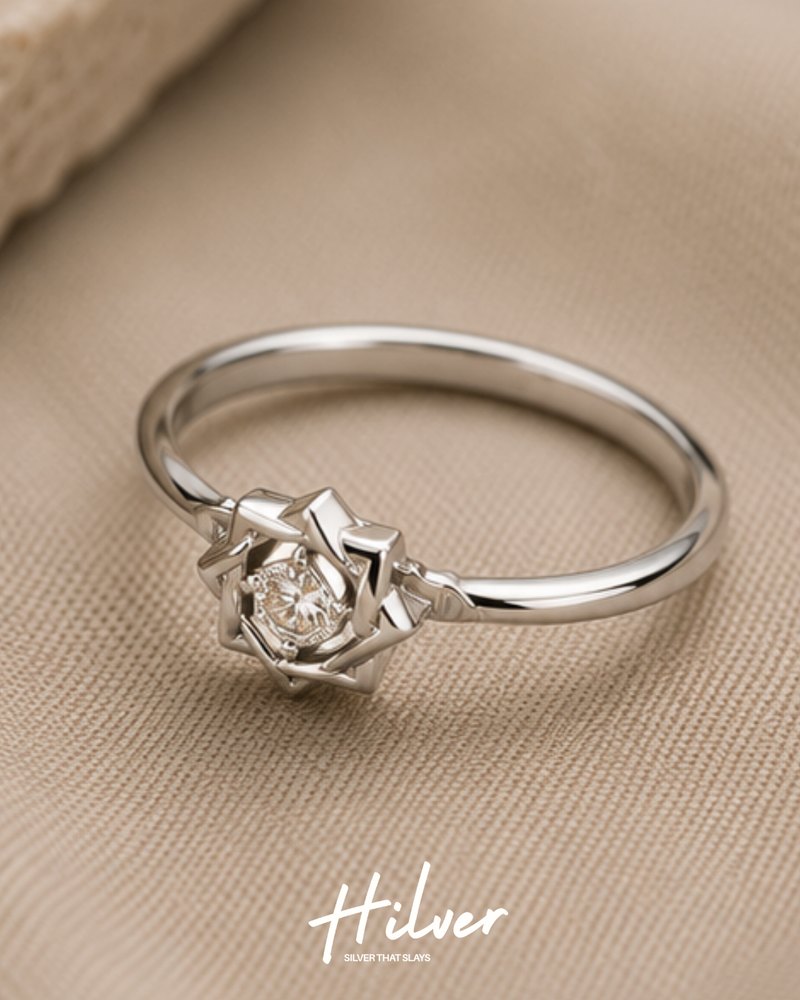 Silver Starburst Geometric Square CZ Ring, view 3