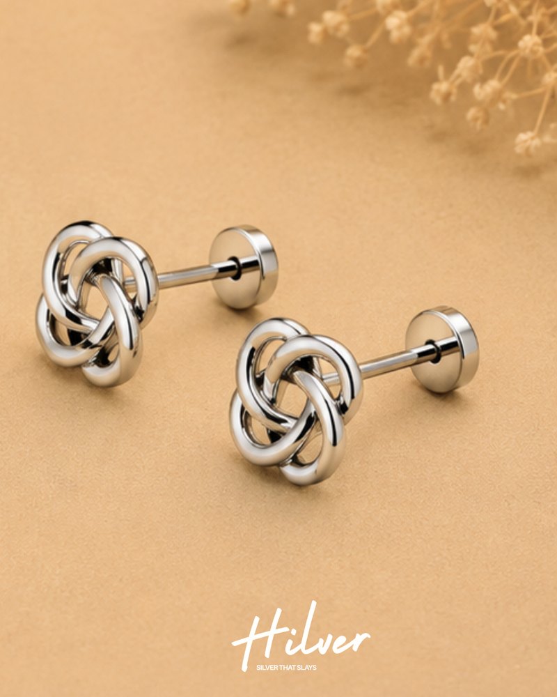 Silver Celtic Four-Loop Knot Stud Earrings, view 2