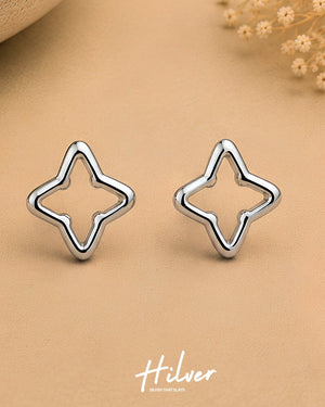 Silver Four-Pointed Starburst Outline Stud Earrings, view 1