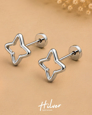 Silver Four-Pointed Starburst Outline Stud Earrings, view 2
