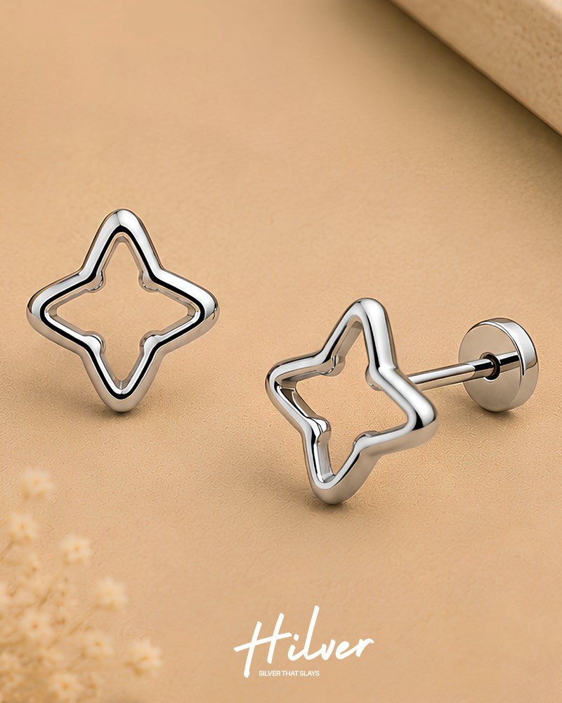 Silver Four-Pointed Starburst Outline Stud Earrings, view 3