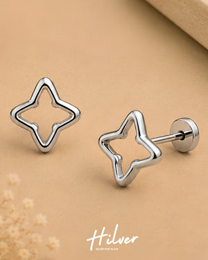 Silver Four-Pointed Starburst Outline Stud Earrings, view 3
