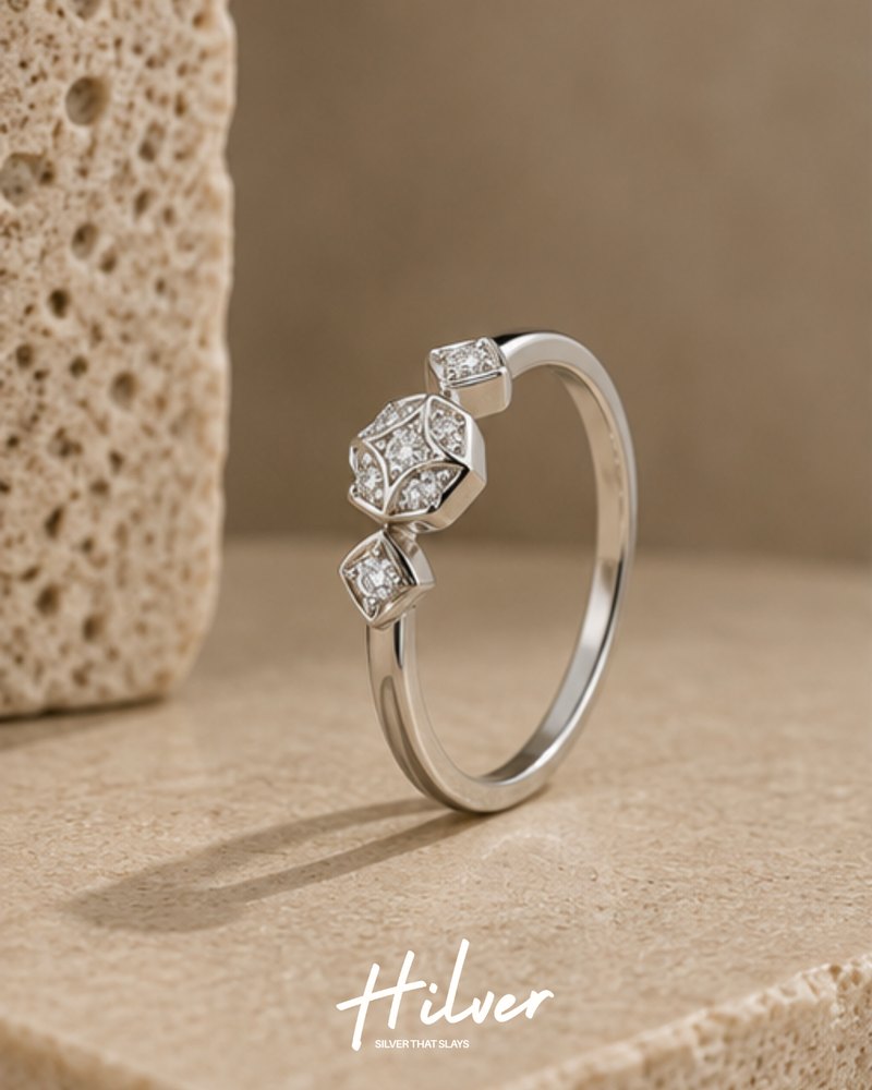 Silver Vintage Cushion Three-Stone CZ Ring, view 1