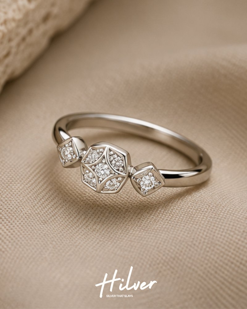 Silver Vintage Cushion Three-Stone CZ Ring, view 3