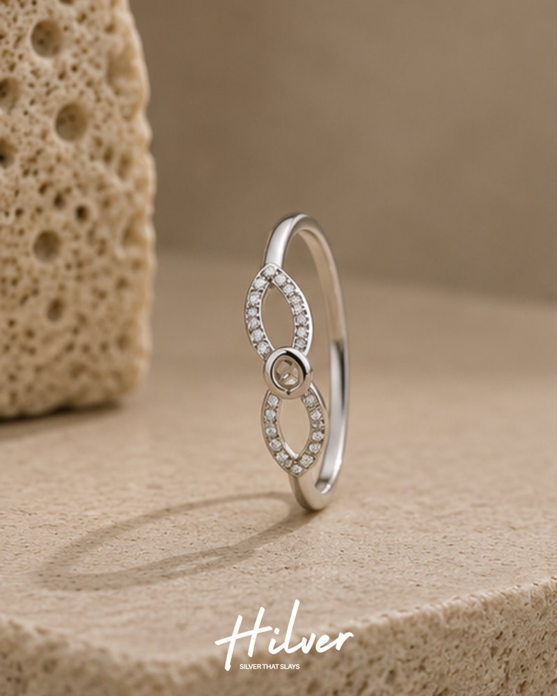 Silver Intricate Infinity Knot CZ Pave Band Ring, view 1