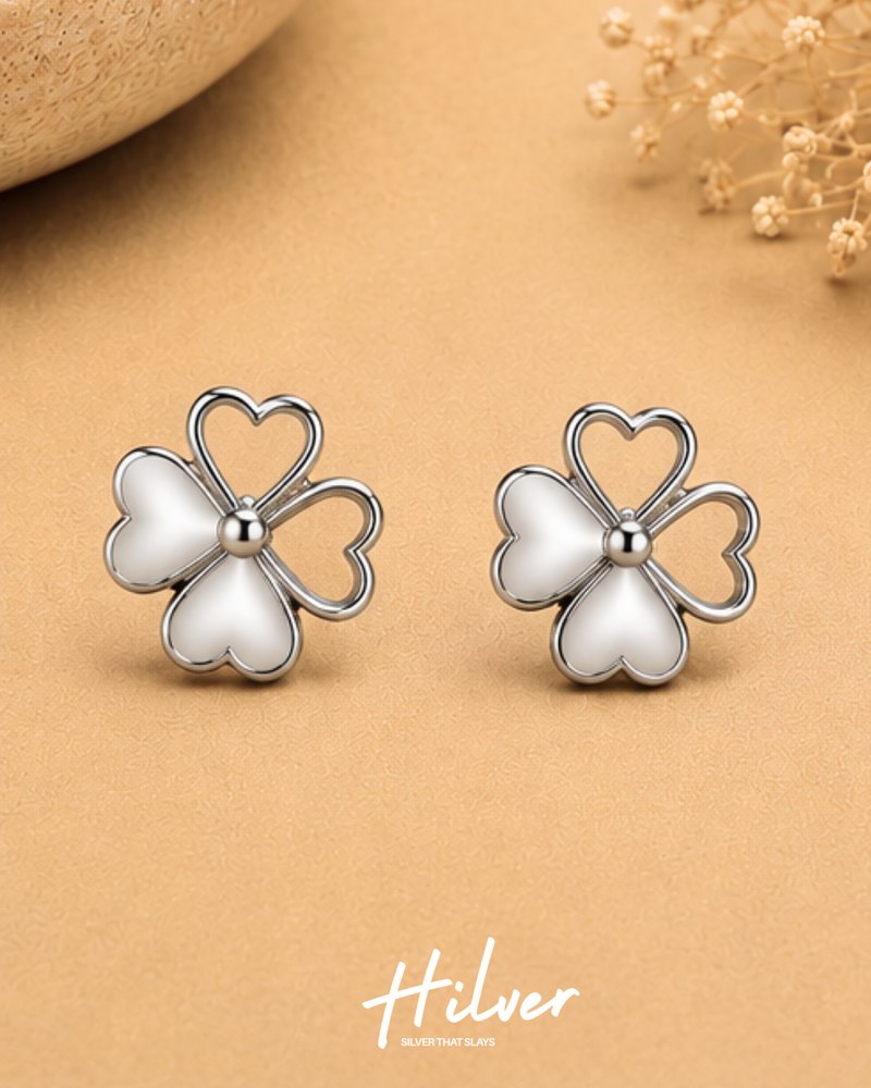 Silver Four-Leaf Clover Open Stud Earrings, view 1