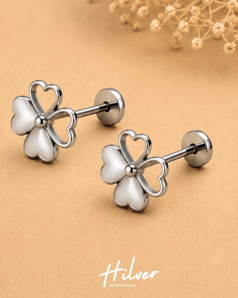 Silver Four-Leaf Clover Open Stud Earrings, view 2