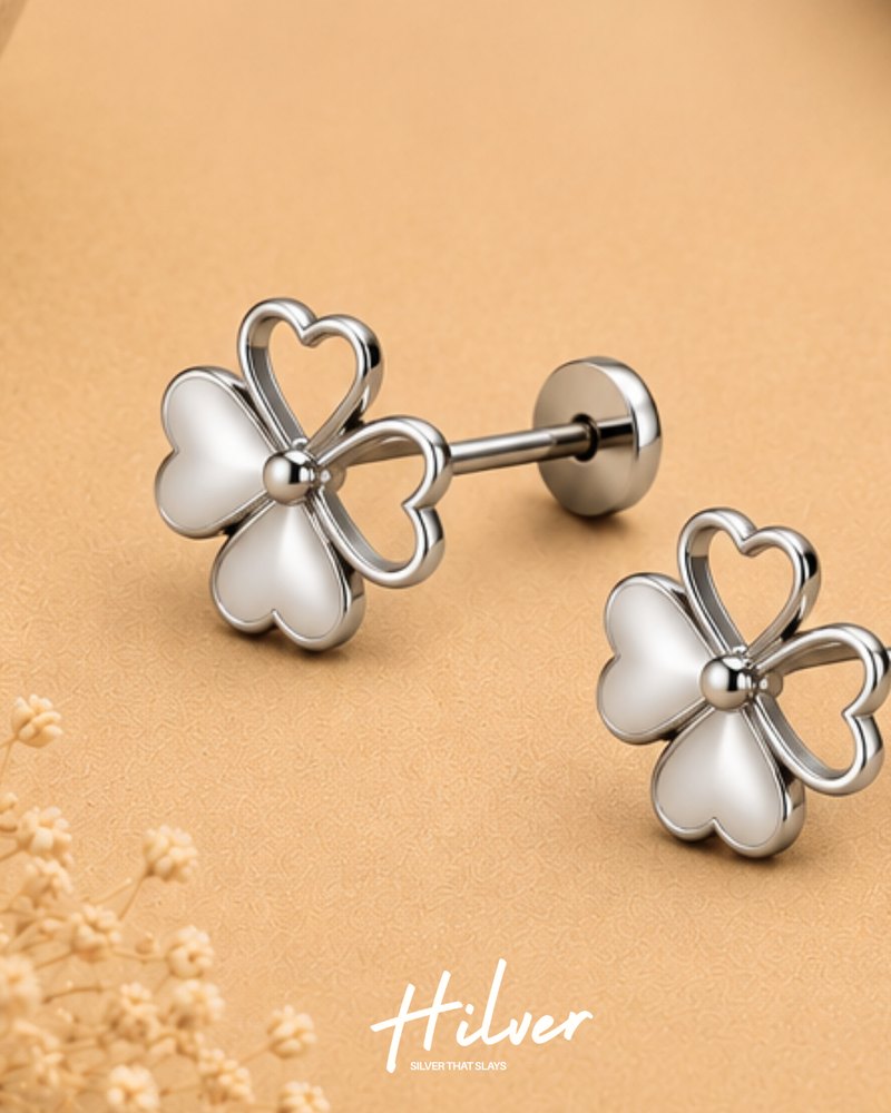 Silver Four-Leaf Clover Open Stud Earrings, view 3