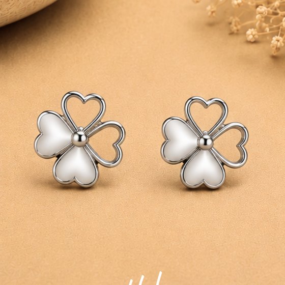 Silver Four-Leaf Clover Open Stud Earrings