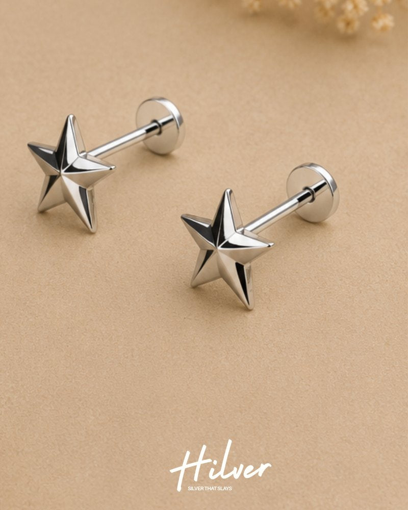 Silver Classic Beveled Five-Point Star Stud Earrings, view 2