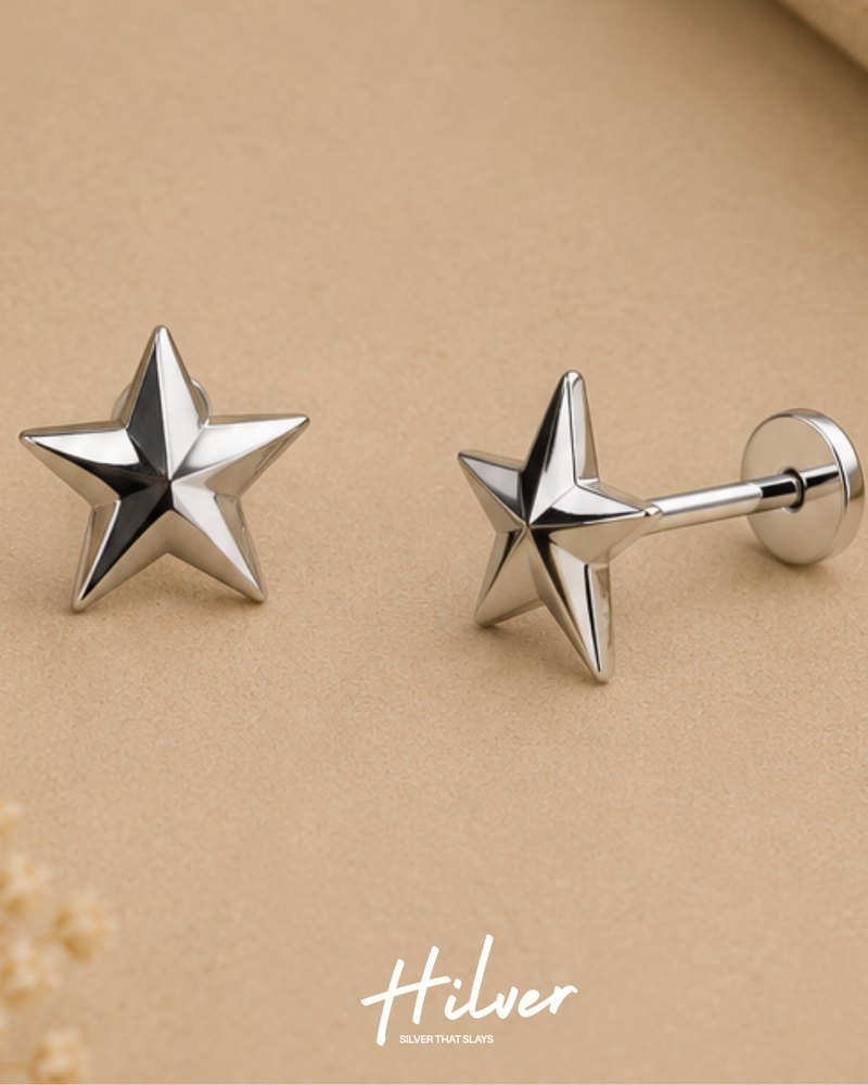 Silver Classic Beveled Five-Point Star Stud Earrings, view 3