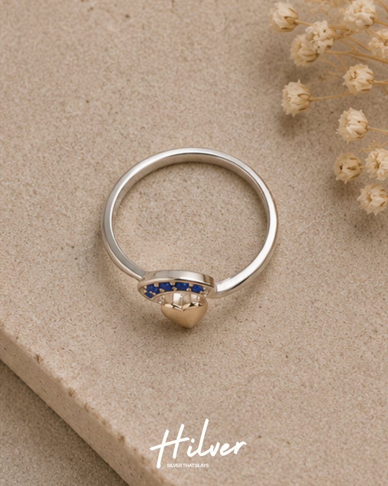 Silver Blue CZ Arc Polished Heart Ring, view 2