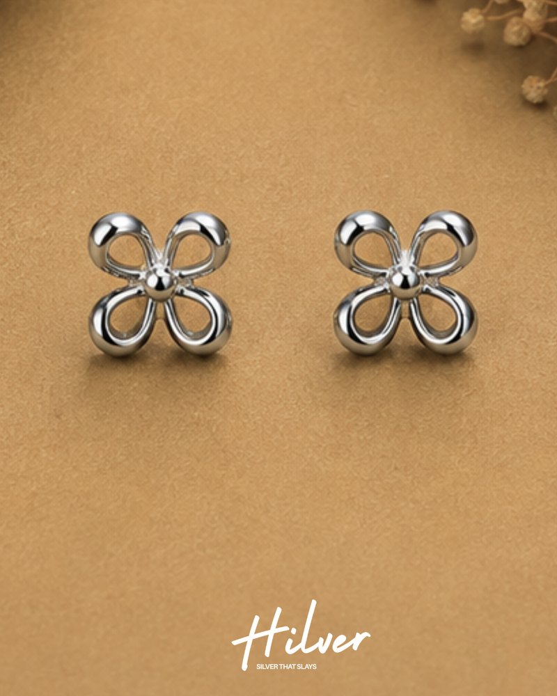 Silver Four-Loop Ribbon Flower Stud Earrings, view 1