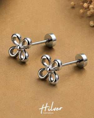 Silver Four-Loop Ribbon Flower Stud Earrings, view 2