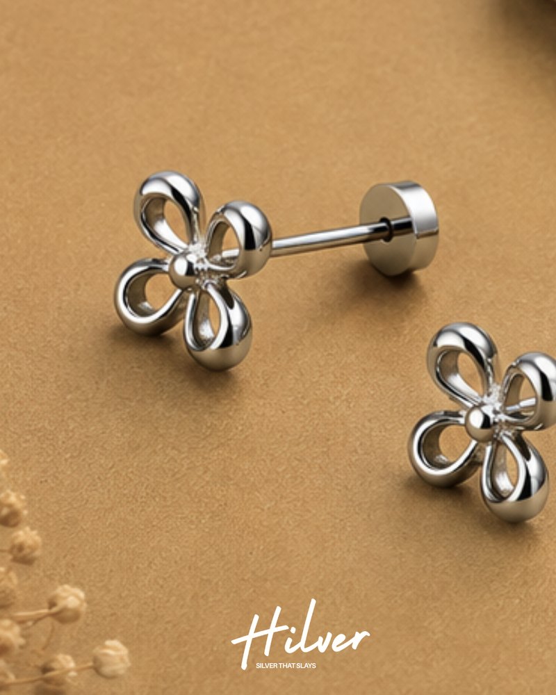Silver Four-Loop Ribbon Flower Stud Earrings, view 3