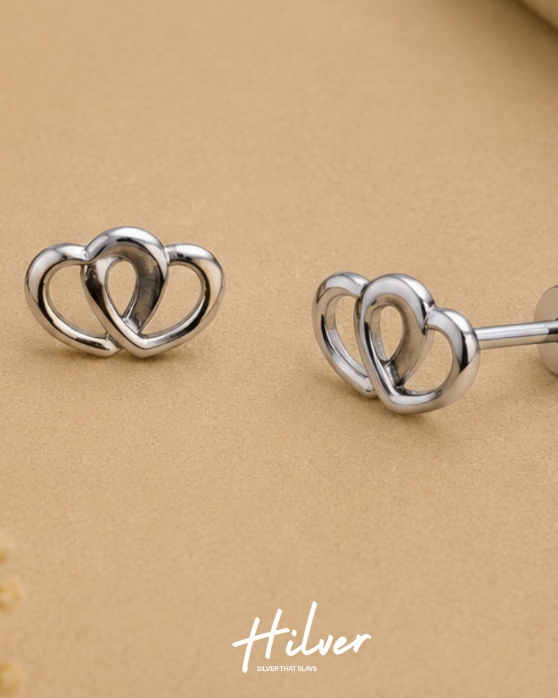Silver Interlocking Open Heart Stud Earrings, view 3