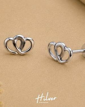 Silver Interlocking Open Heart Stud Earrings, view 3