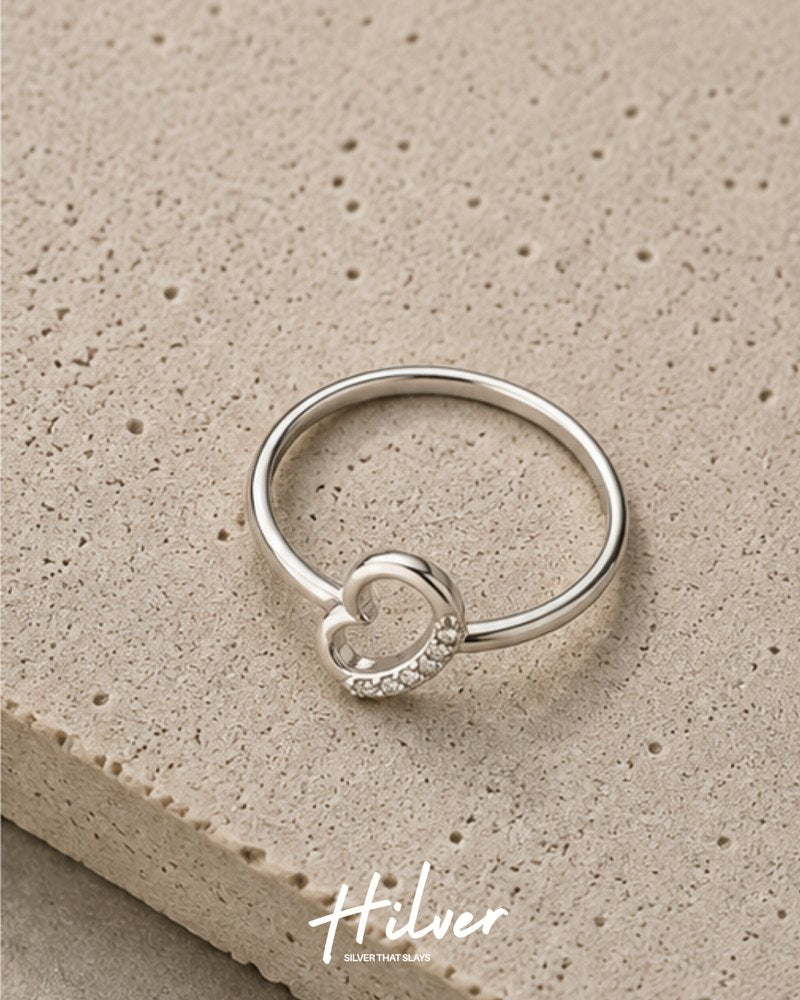 Silver Curved Open Heart Pavé Side Accent Ring, view 2