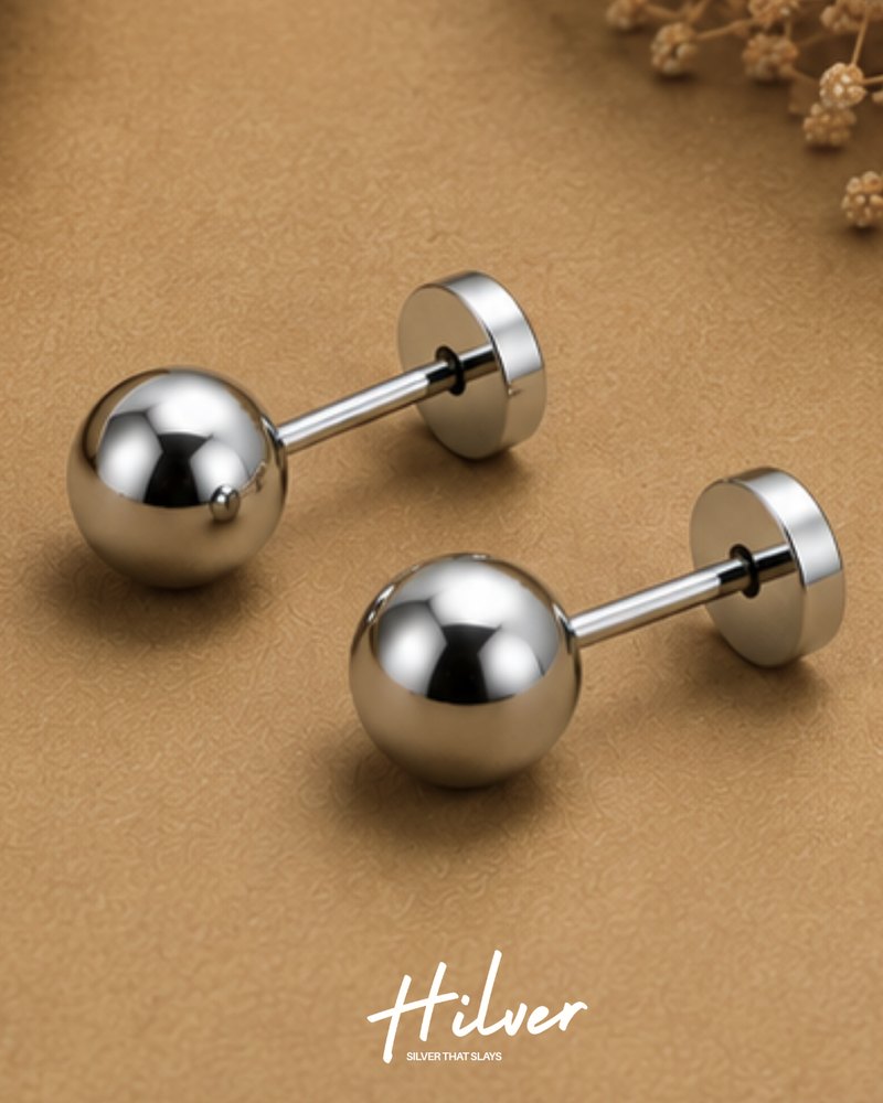 Silver Polished Round Ball Stud Earrings, view 2
