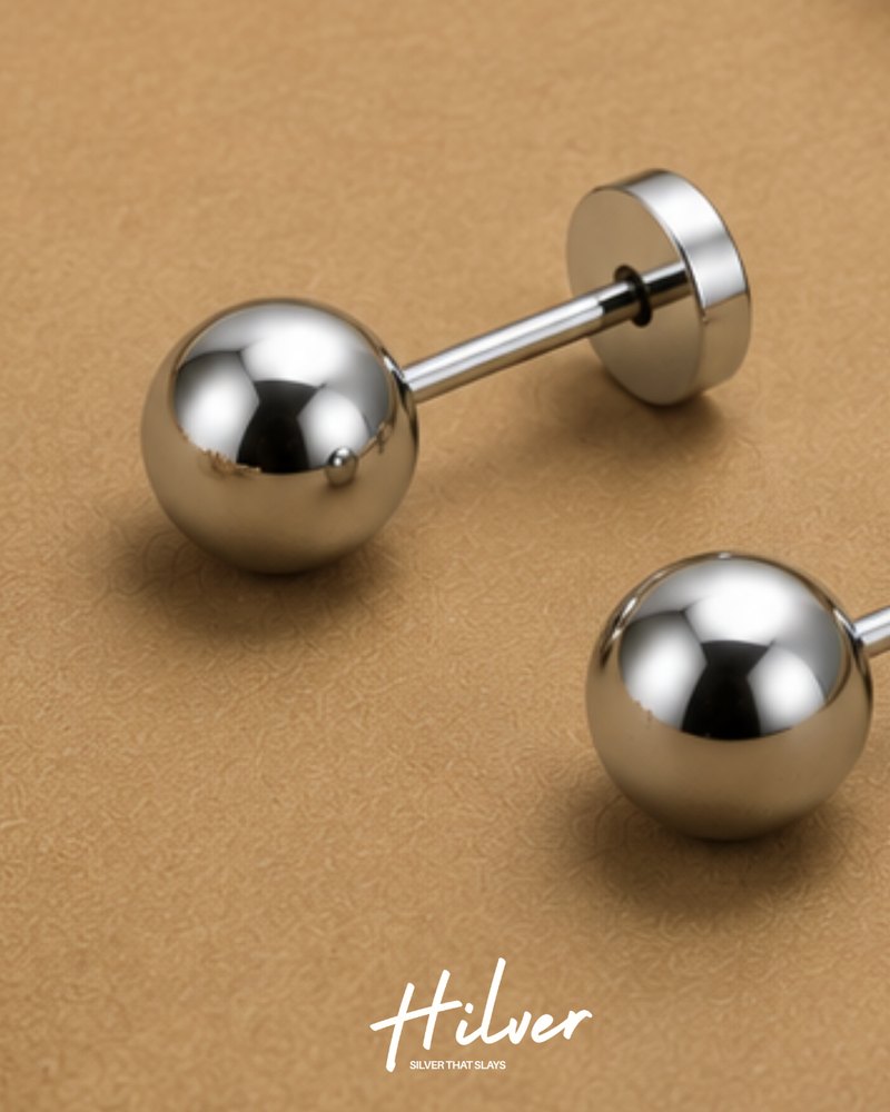 Silver Polished Round Ball Stud Earrings, view 3