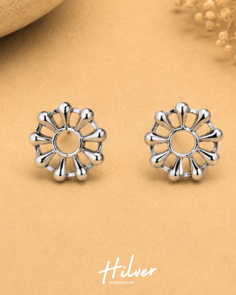 Silver Open Sunburst Wheel Stud Earrings, view 1