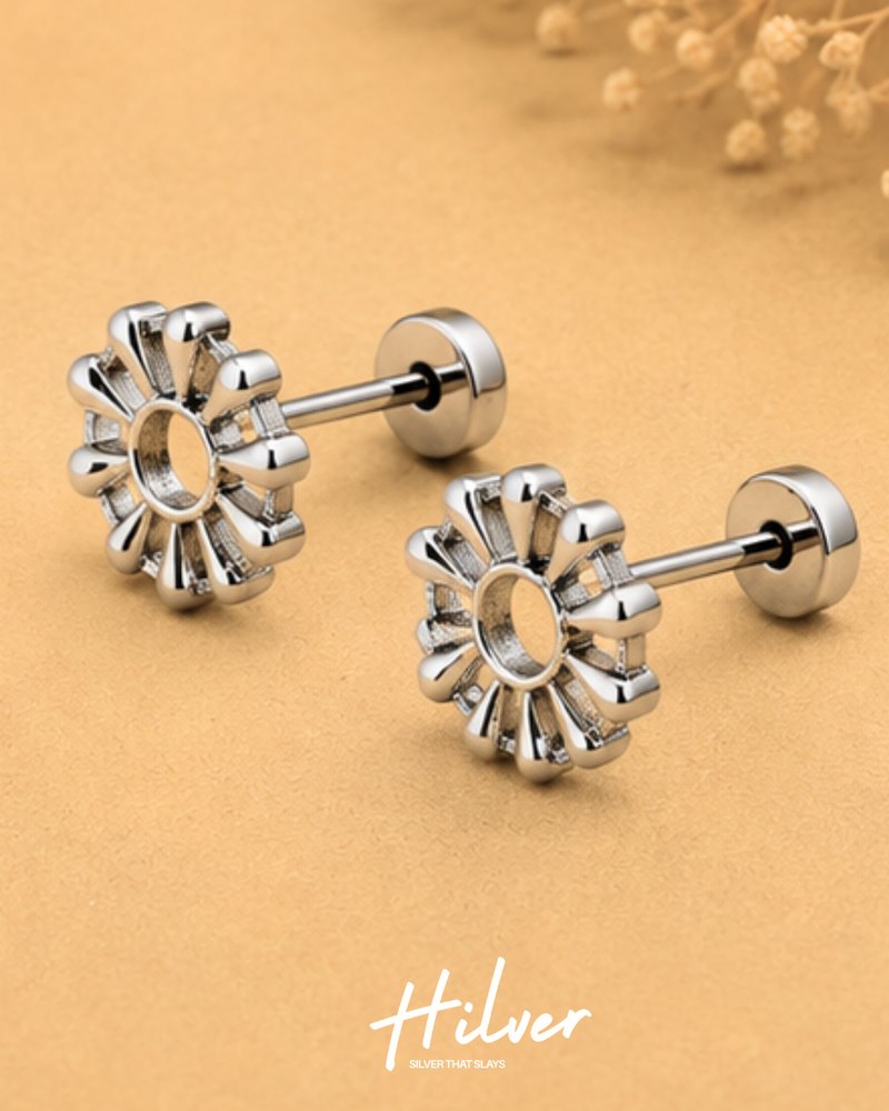 Silver Open Sunburst Wheel Stud Earrings, view 2