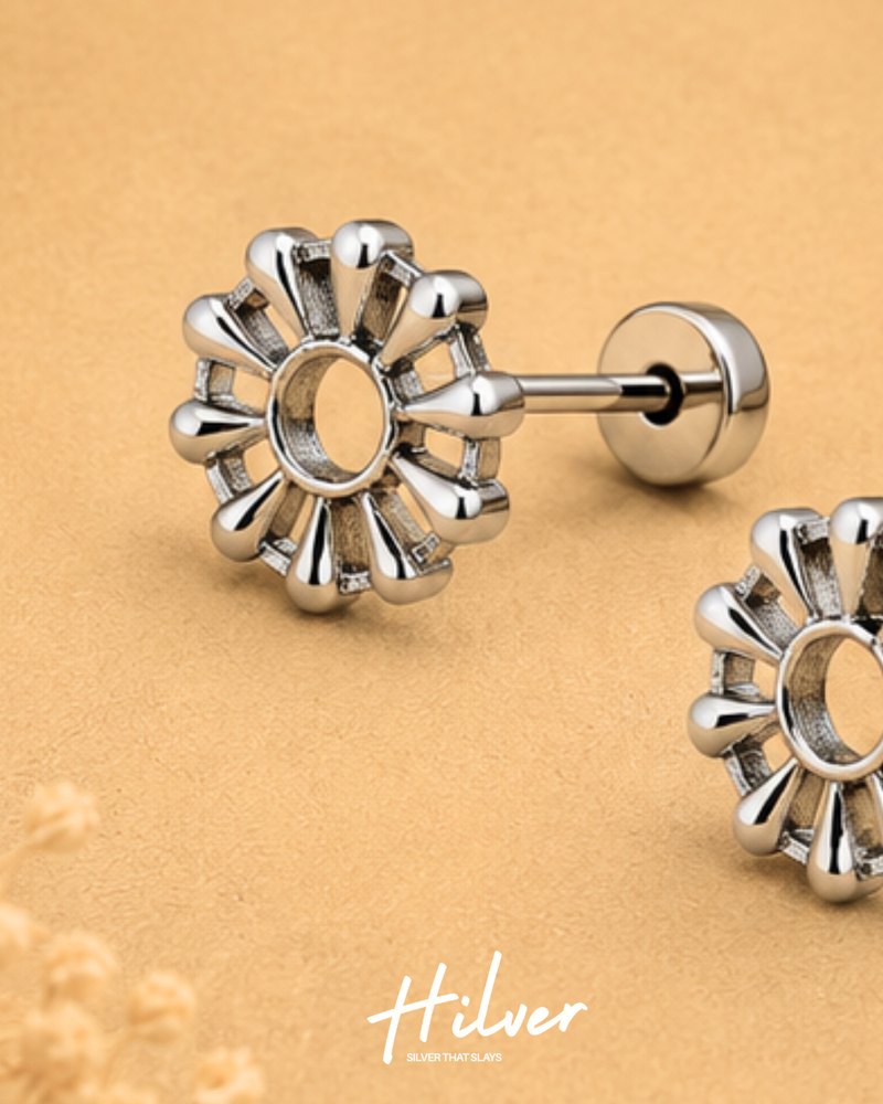 Silver Open Sunburst Wheel Stud Earrings, view 3