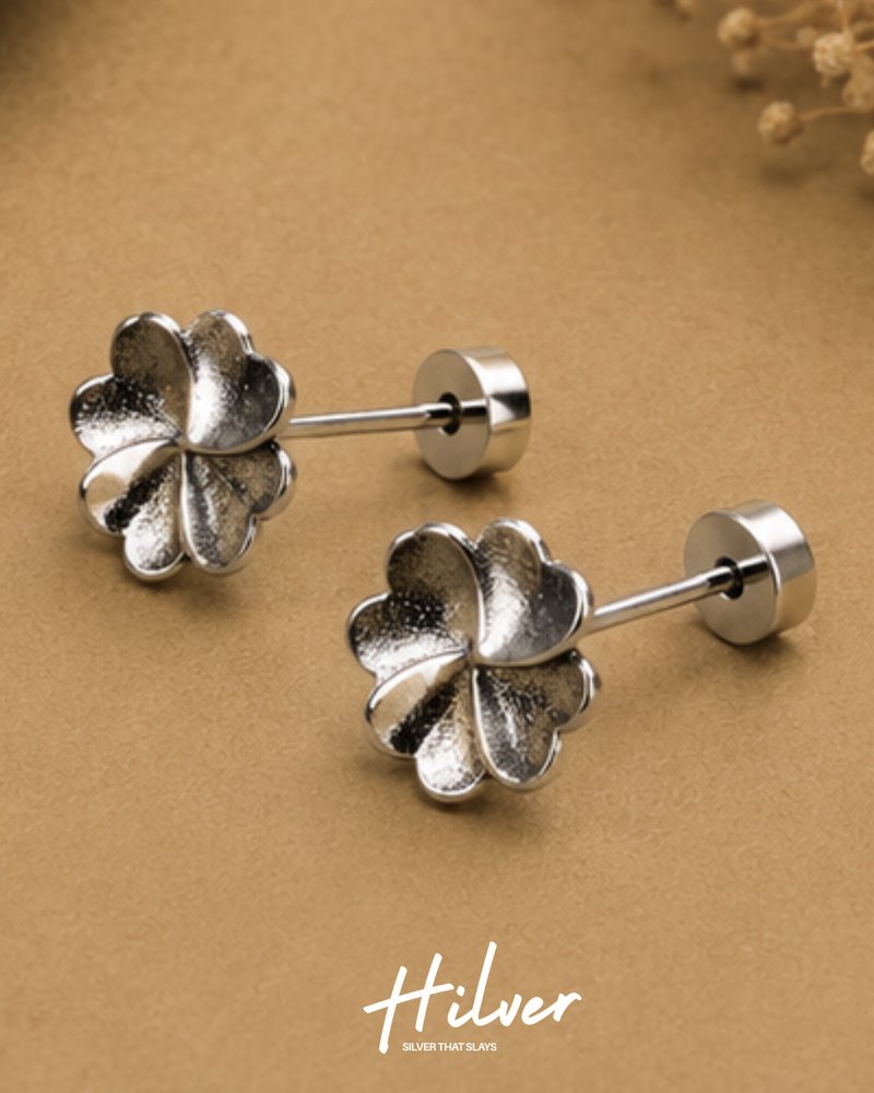 Silver Five-Petal Frangipani Flower Stud Earrings, view 2