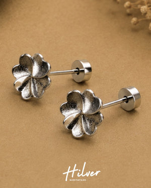 Silver Five-Petal Frangipani Flower Stud Earrings, view 2