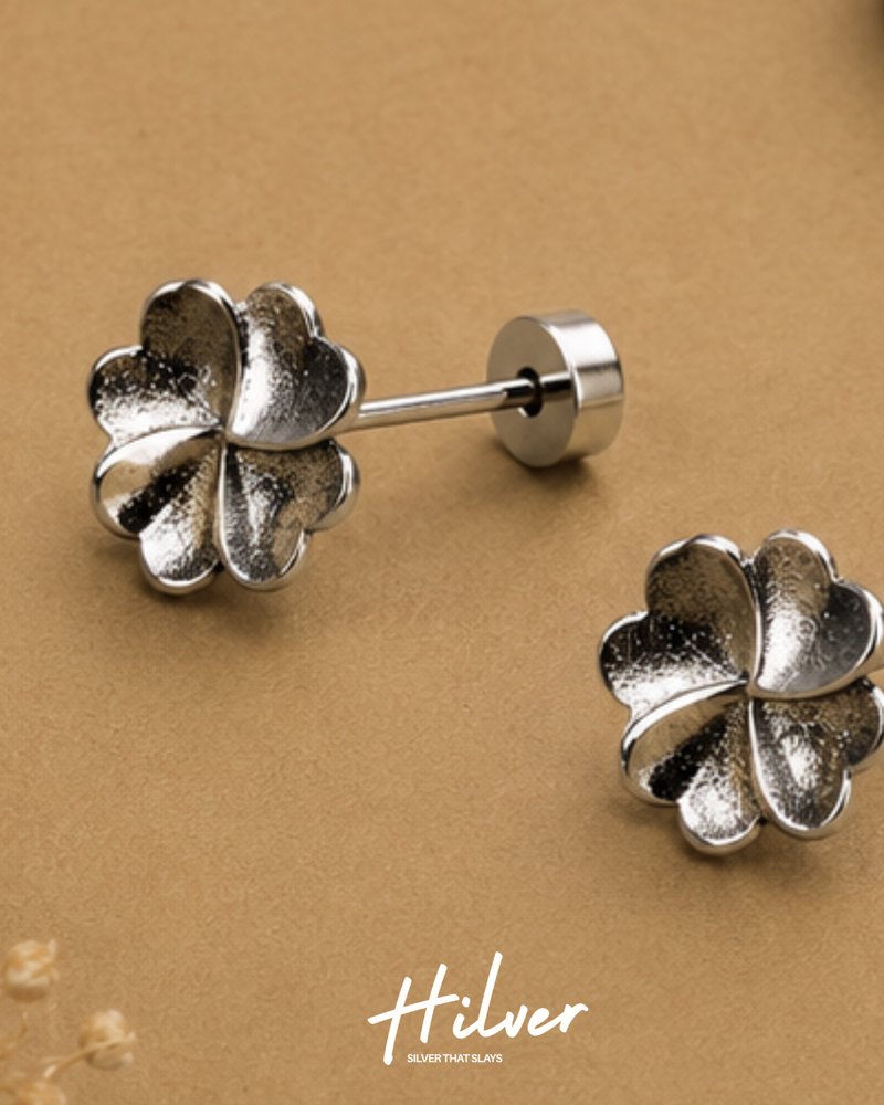Silver Five-Petal Frangipani Flower Stud Earrings, view 3