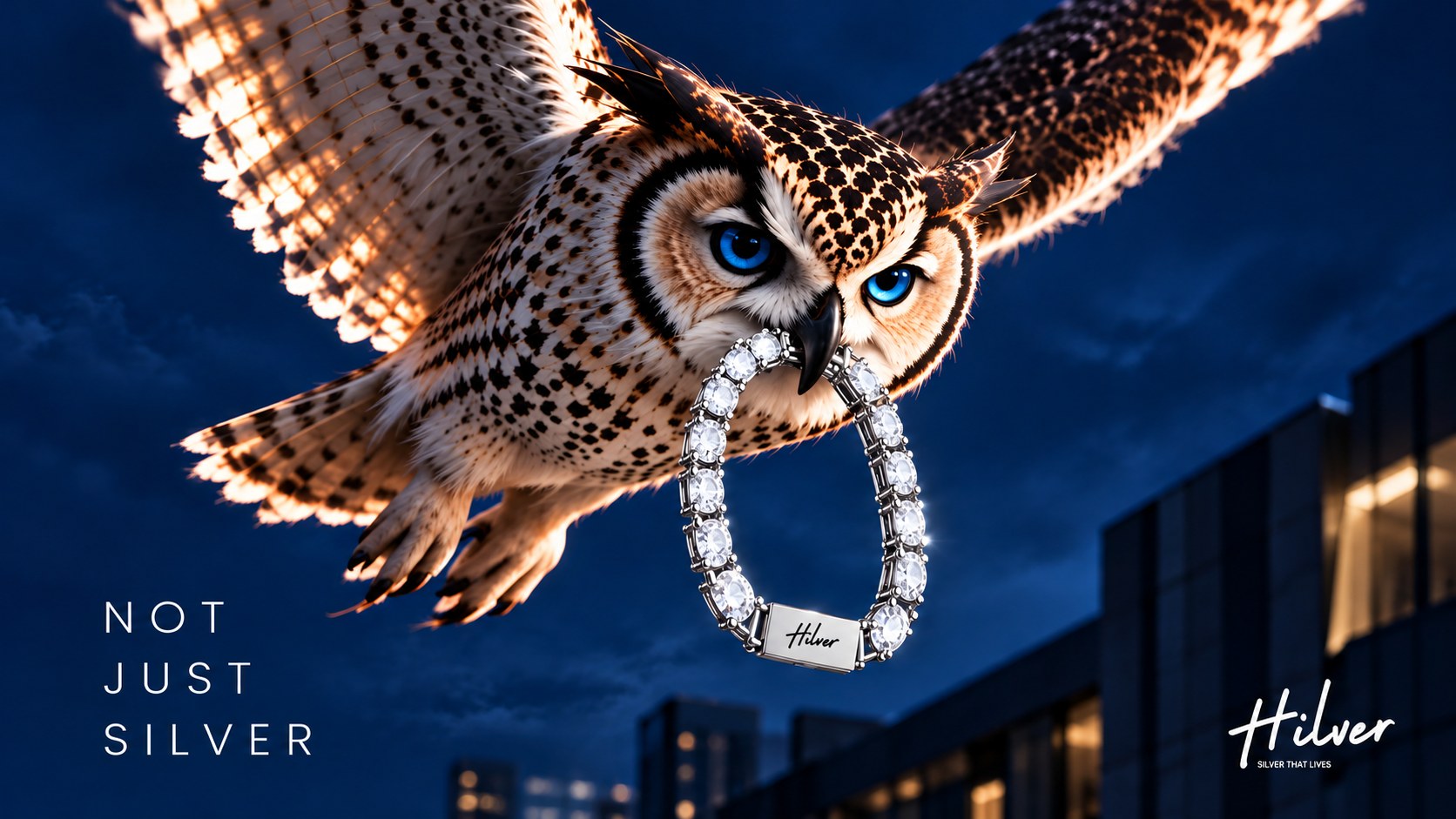 An owl in flight carrying a Hilver bracelet, over a city at night